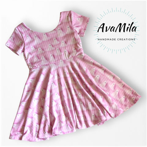Ghosts on pink twirly dress, size 3t