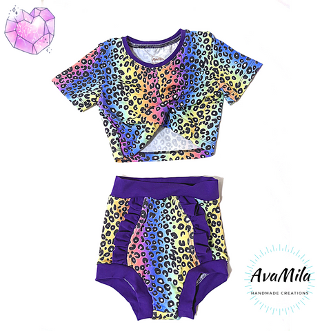 Rainbow leopard toddler top and ruffled bummies set size 24m