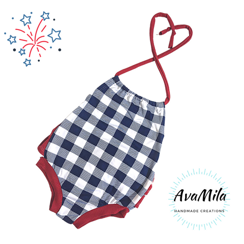 Red white and blue gingham ruffle bottom romper